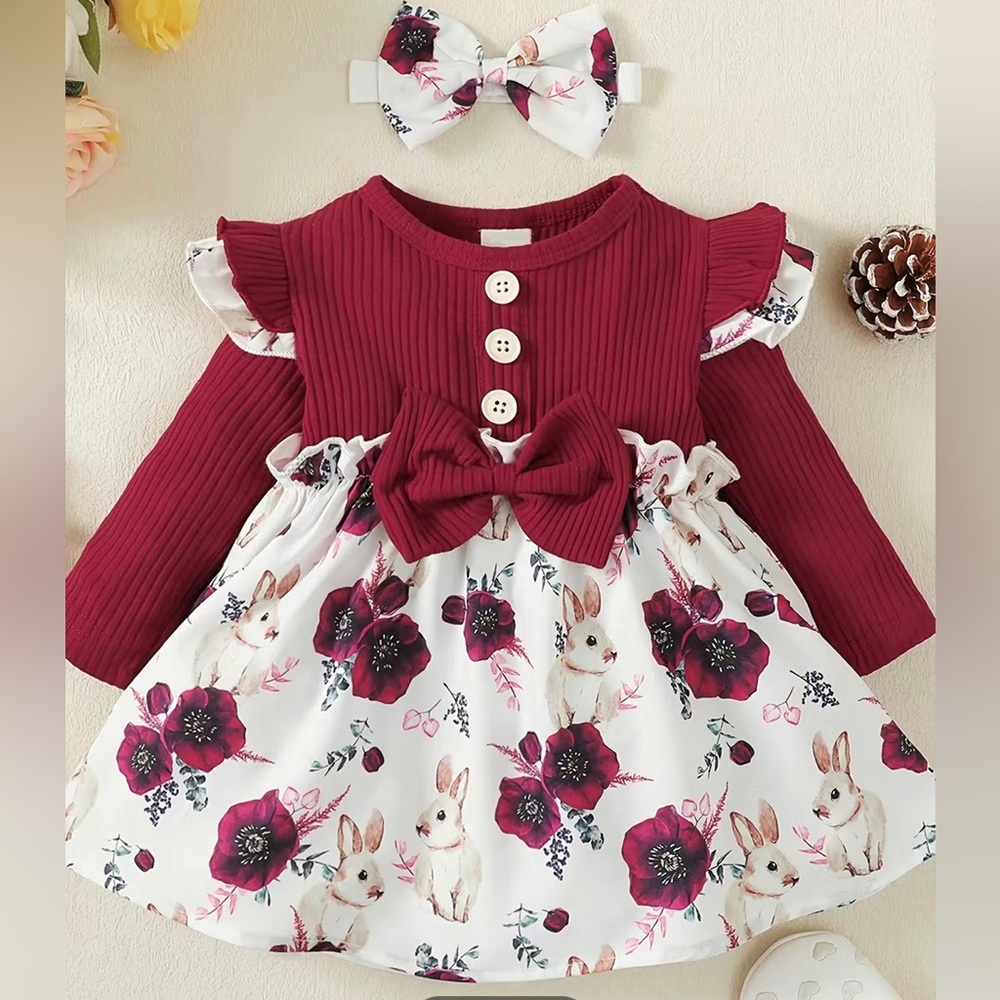 Baby Floral Bunny Long Sleeve Dress With Matching Headband